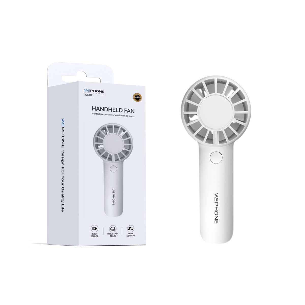 Mini Ventilador de Mano Recargable Wephone WN02 Blanco – 3 Niveles,1200mAh y Ergonómico de Alto Rendimiento
