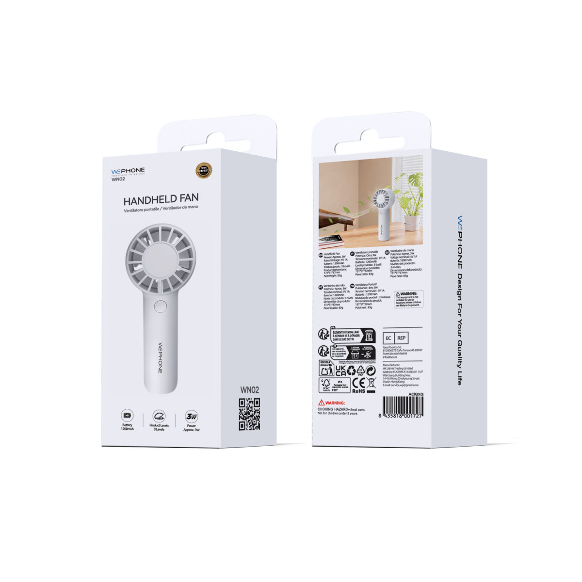Mini Ventilador de Mano Recargable Wephone WN02 Blanco – 3 Niveles,1200mAh y Ergonómico de Alto Rendimiento