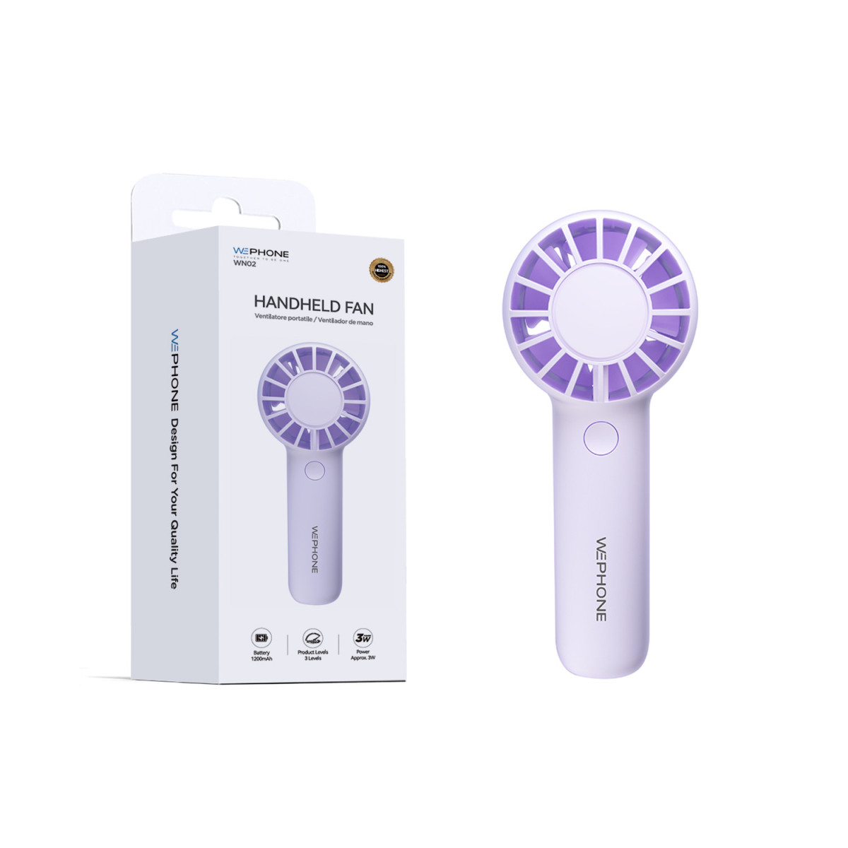Mini Ventilador de Mano Recargable Wephone WN02 Morado – 3 Niveles,1200mAh y Ergonómico de Alto Rendimiento