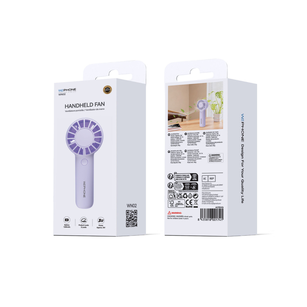 Mini Ventilador de Mano Recargable Wephone WN02 Morado – 3 Niveles,1200mAh y Ergonómico de Alto Rendimiento
