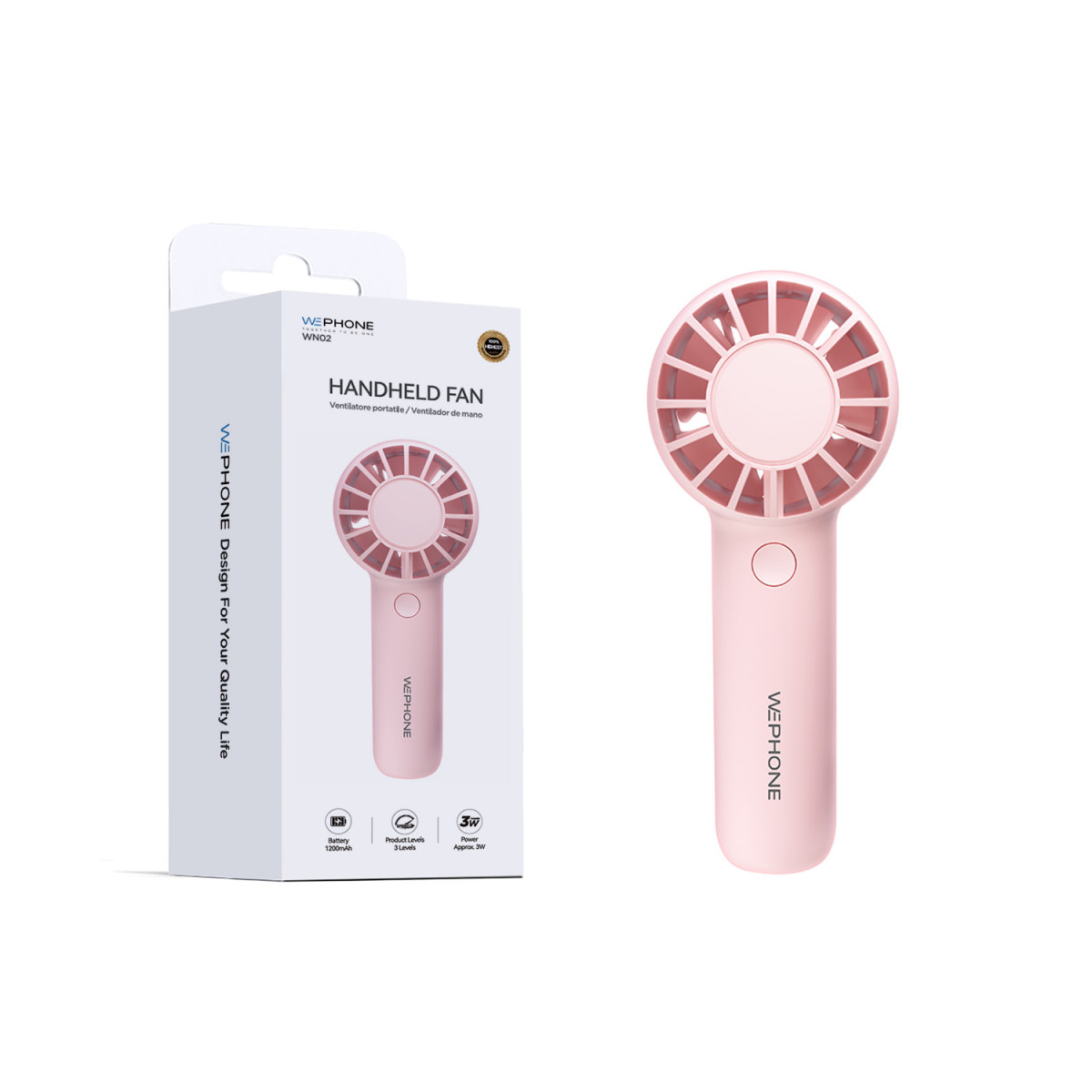 Mini Ventilador de Mano Recargable Wephone WN02 Rosa – 3 Niveles,1200mAh y Ergonómico de Alto Rendimiento