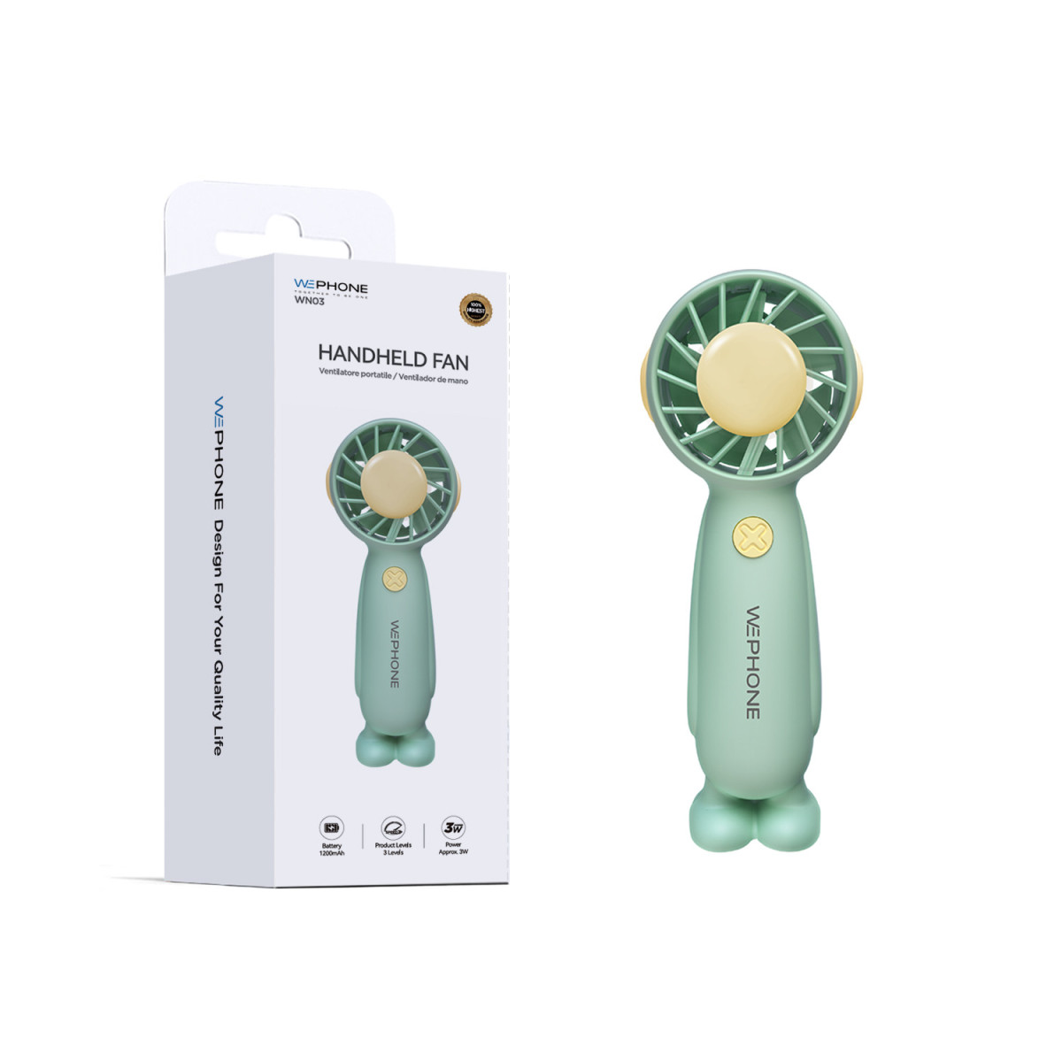 Ventilador de Mano Portátil Wephone WN03 – 3 Velocidades,Batería de 1200mAh y Ergonómico con Base de Apoyo Verde