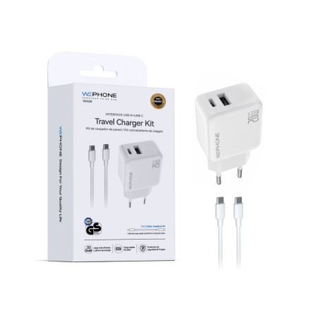 Kit Cargador de Pared Wephone WA08 GaN 20W Dual + Cable USB-C a USB-C 1m Blanco