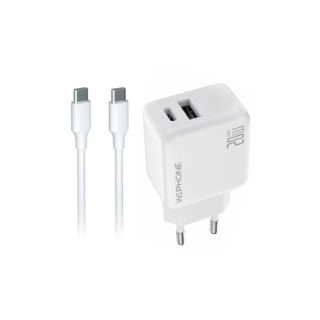 Kit Cargador de Pared Wephone WA08 GaN 20W Dual + Cable USB-C a USB-C 1m Blanco