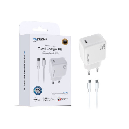 Kit Cargador de Pared Wephone WA10 GaN 25W + Cable USB-C a USB-C 1m Blanco