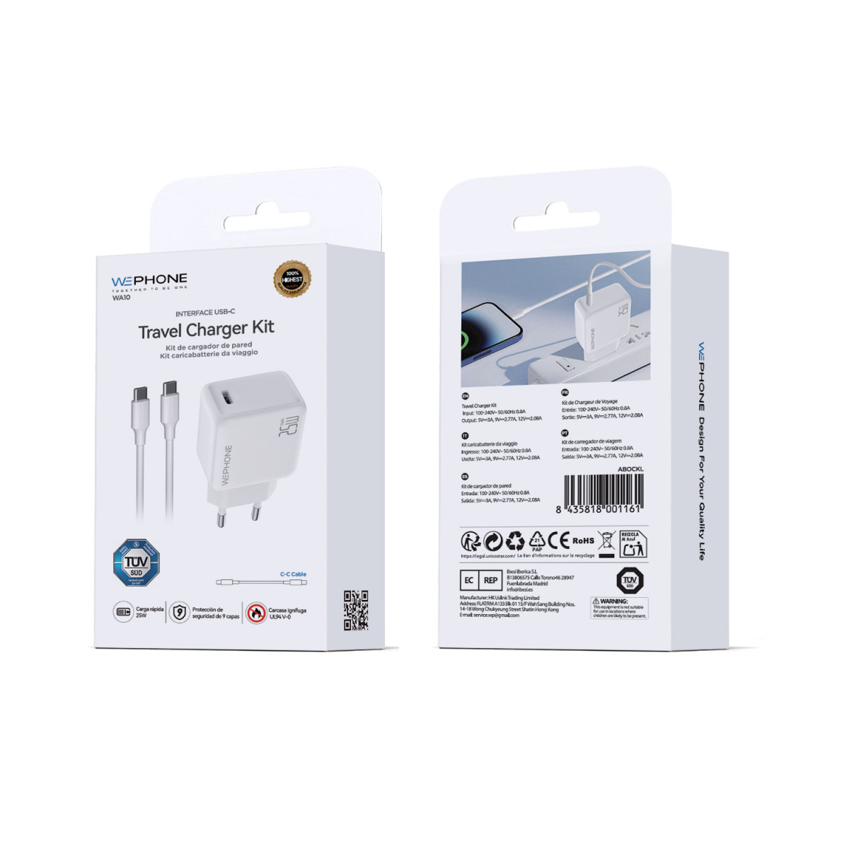 Kit Cargador de Pared Wephone WA10 GaN 25W +...
