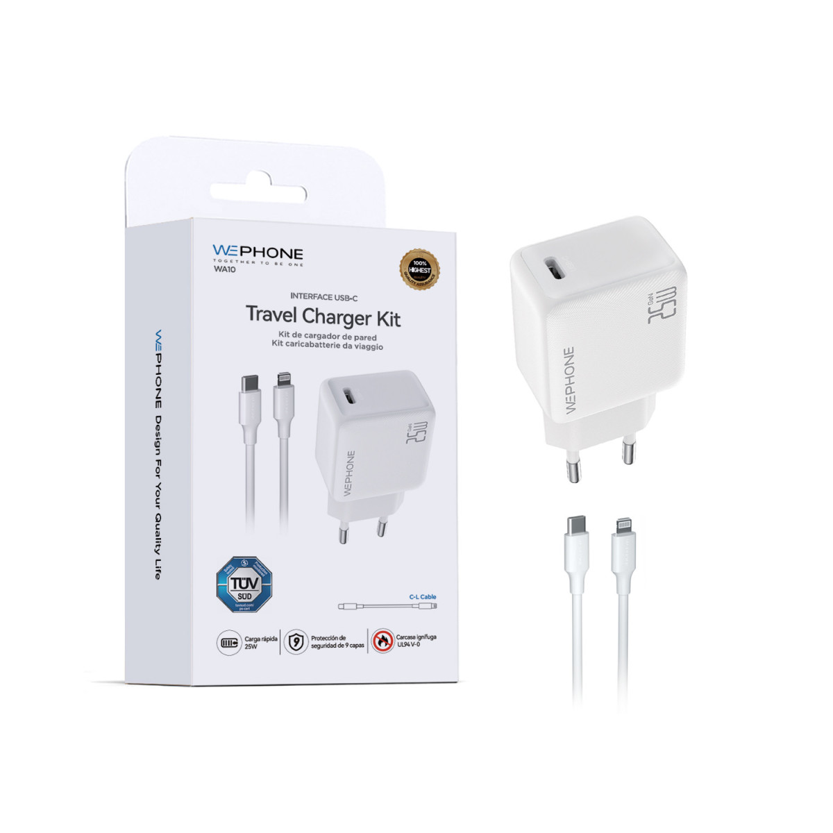 Cargador rápido Wephone WA10-CL 25W GaN USB-C PD con cable tipo C a Lightning