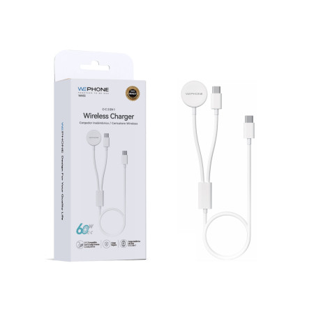 Cargador Inalámbrico Wephone WA15 2 en 1 – Carga para Reloj + USB-C 60W Blanco