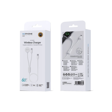 Cargador Inalámbrico Wephone WA15 2 en 1 – Carga para Reloj + USB-C 60W Blanco
