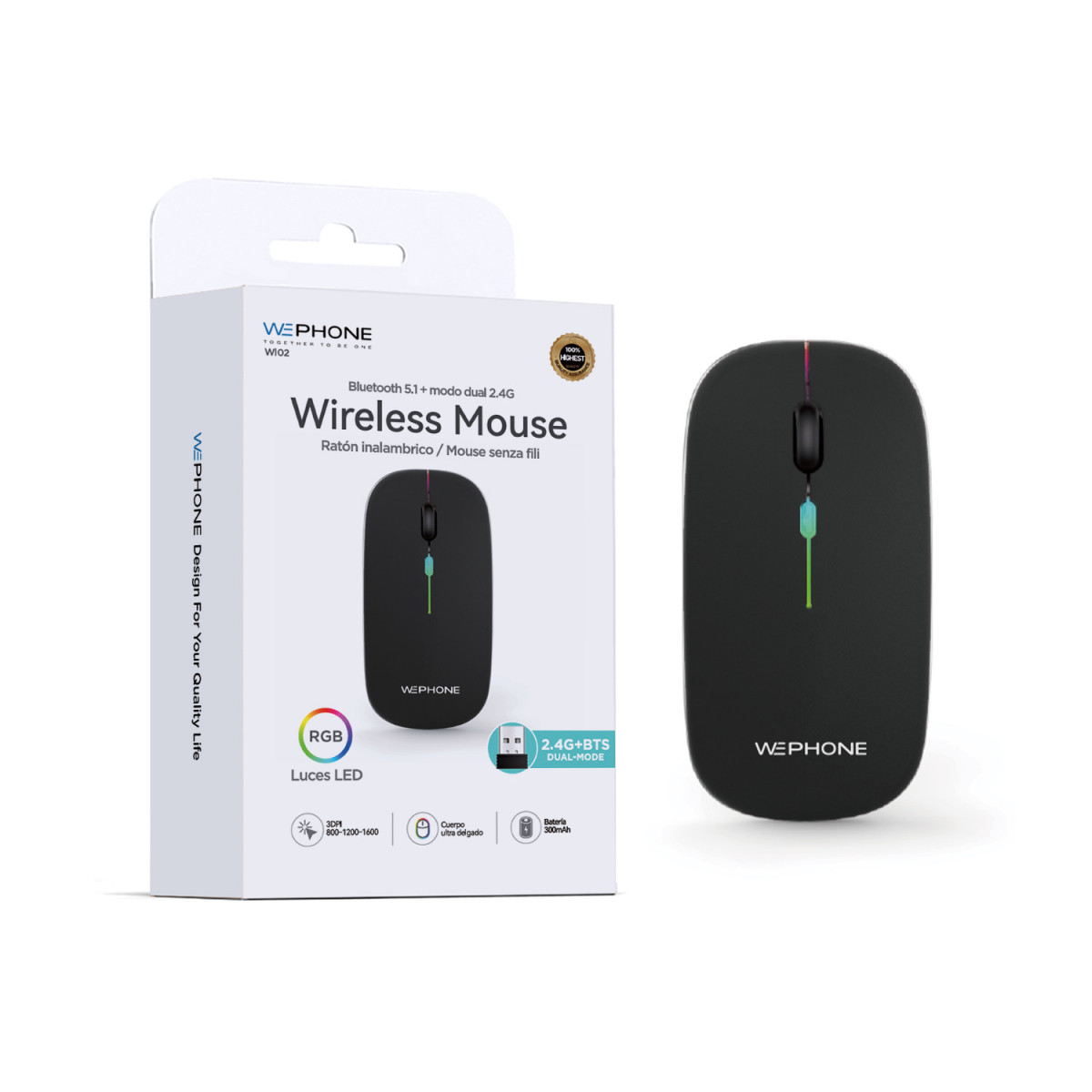 Ratón Inalámbrico Dual Wephone WI02 Negro – Bluetooth 5.1 + 2.4G con Luces RGB