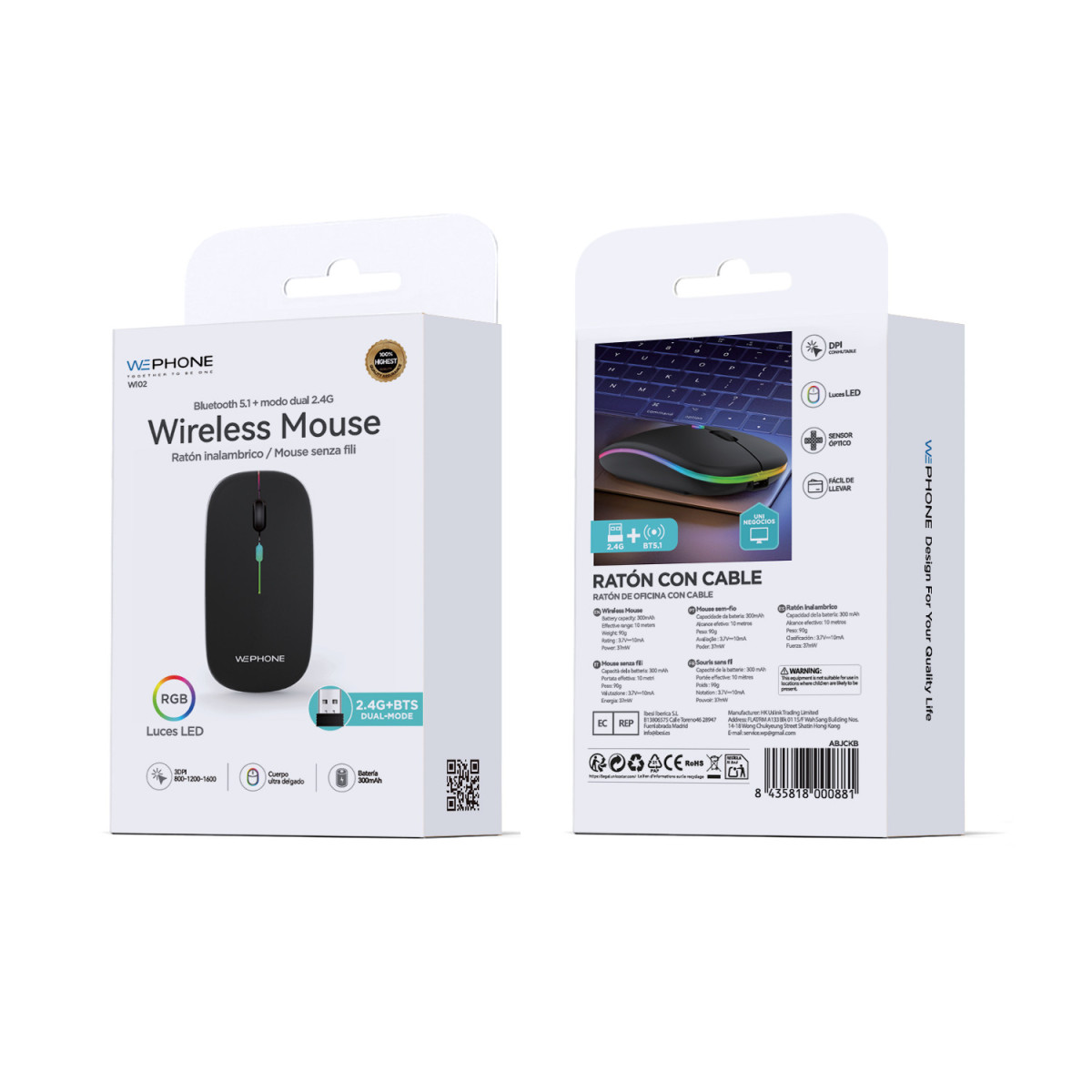 Ratón Inalámbrico Dual Wephone WI02 Negro – Bluetooth 5.1 + 2.4G con Luces RGB
