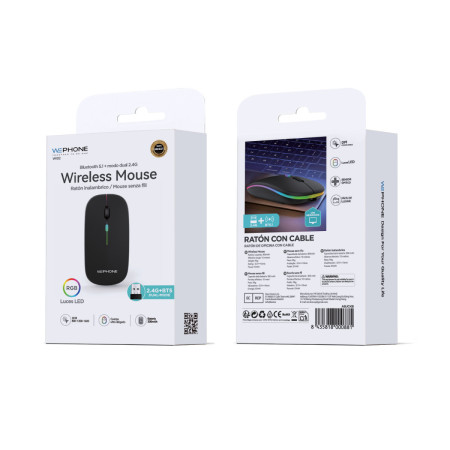 Ratón Inalámbrico Dual Wephone WI02 Negro – Bluetooth 5.1 + 2.4G con Luces RGB