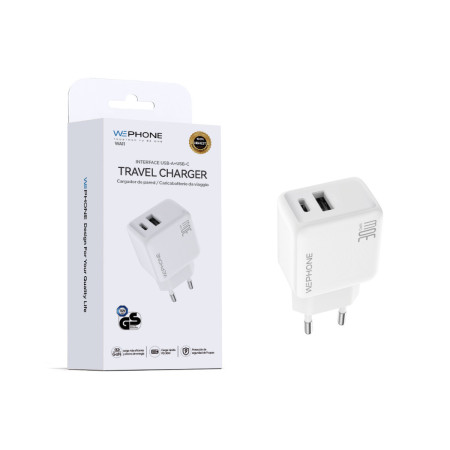 Cargador de Pared Wephone WA11 GaN 30W Dual – USB-C PD 30W + USB-A QC 18W Blanco