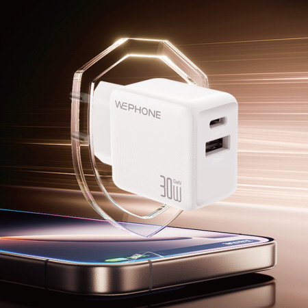 Cargador de Pared Wephone WA11 GaN 30W Dual – USB-C PD 30W + USB-A QC 18W Blanco