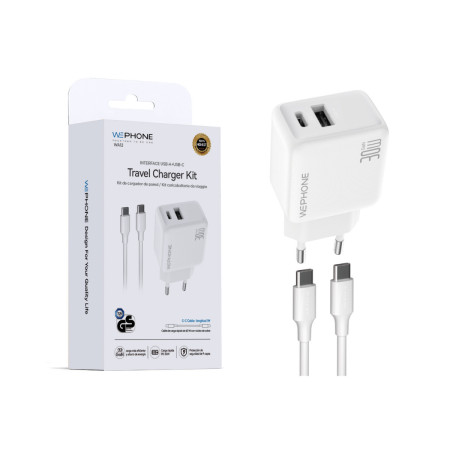 Kit Cargador de Pared Wephone WA12 GaN 30W Dual + Cable USB-C a USB-C 1m Blanco