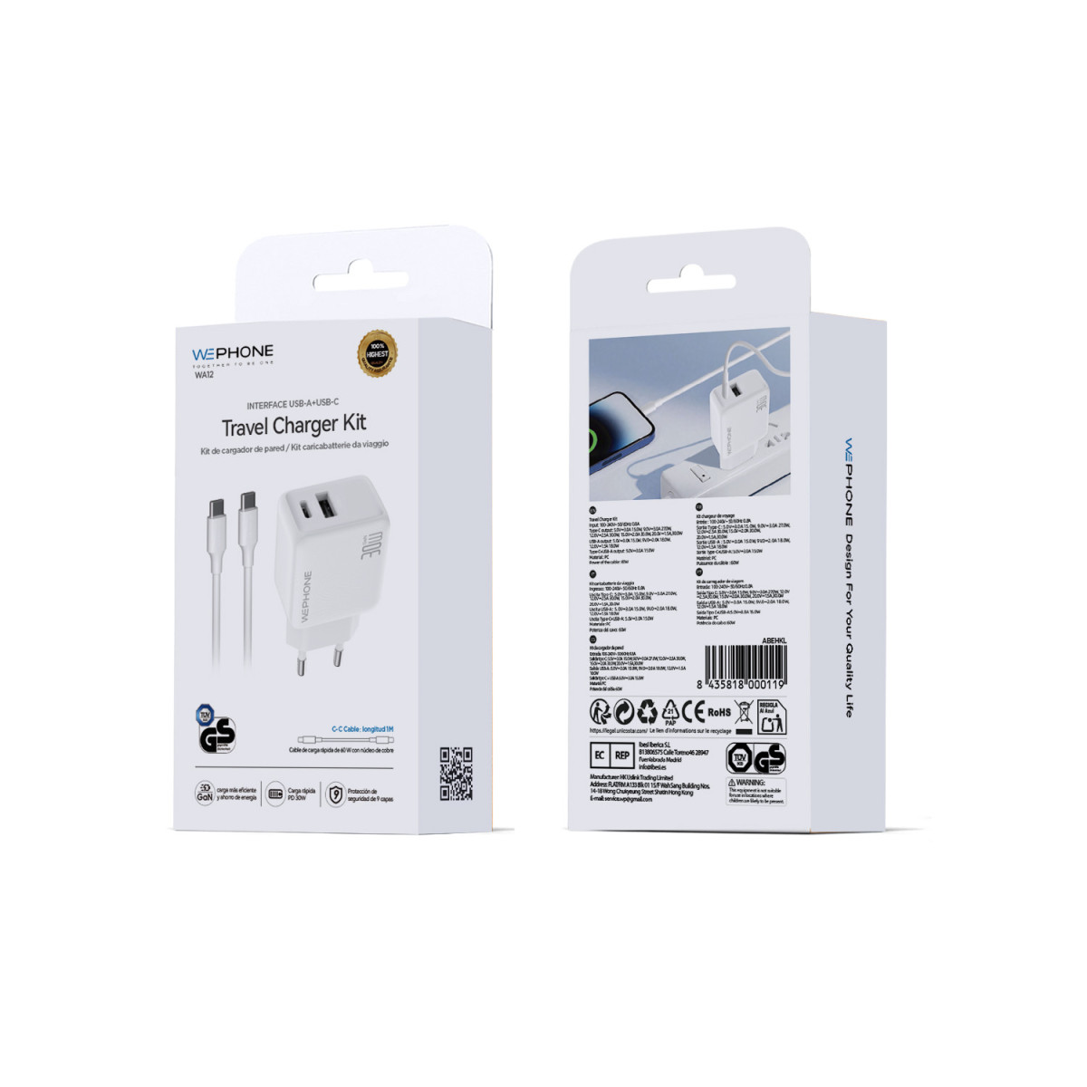 Kit Cargador de Pared Wephone WA12 GaN 30W Dual...