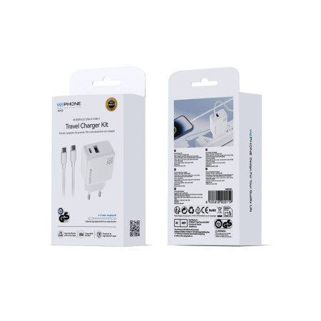 Kit Cargador de Pared Wephone WA12 GaN 30W Dual + Cable USB-C a USB-C 1m Blanco