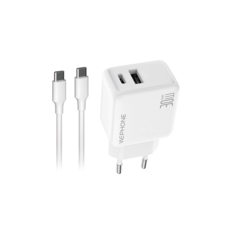 Kit Cargador de Pared Wephone WA12 GaN 30W Dual + Cable USB-C a USB-C 1m Blanco