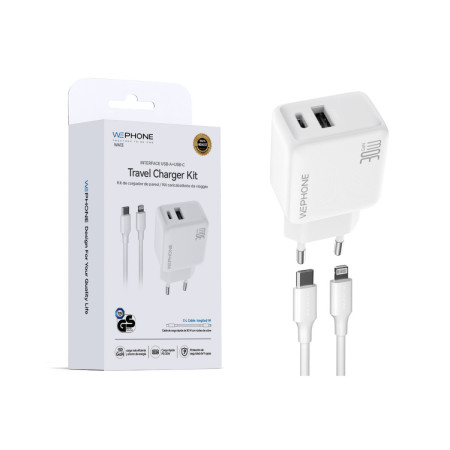 Kit Cargador de Pared Wephone WA13 GaN 30W Dual + Cable USB-C a Lightning 1m Blanco