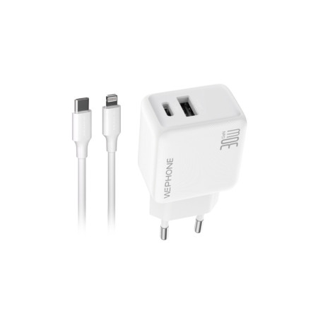 Kit Cargador de Pared Wephone WA13 GaN 30W Dual + Cable USB-C a Lightning 1m Blanco