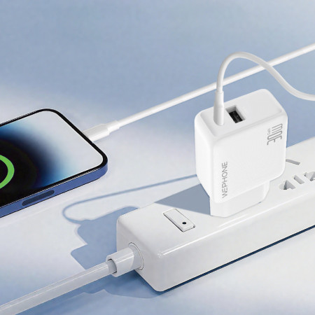 Kit Cargador de Pared Wephone WA13 GaN 30W Dual + Cable USB-C a Lightning 1m Blanco