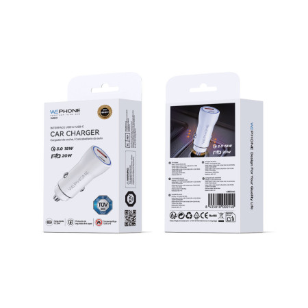 Cargador de Coche Wephone WB01 Dual – USB-C PD 20W + USB-A QC 3.0 18W Blanco