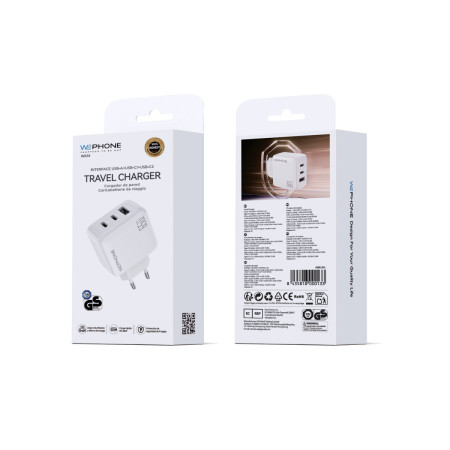 Cargador de Pared Wephone WA14 GaN 65W Triple – 2x USB-C PD + USB-A Blanco