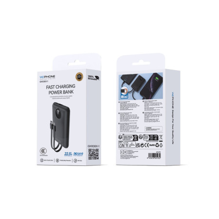 Power Bank Wephone GN108X-1 10000mAh – Carga Rápida 22.5W,Display LED y Cables Integrados (Lightning/Tipo-C)