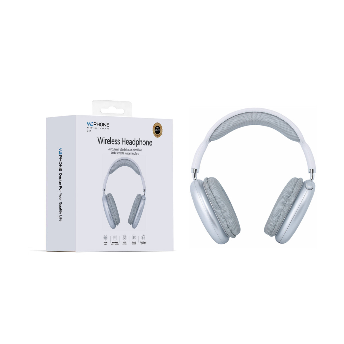 Auriculares Inalámbricos Wephone D02 – Audio 3D · Bluetooth 5.4 con Autonomía de 30 Horas (Plata)