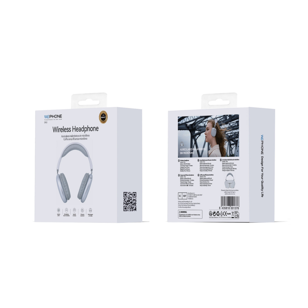 Auriculares Inalámbricos Wephone D02 – Audio 3D · Bluetooth 5.4 con Autonomía de 30 Horas (Plata)