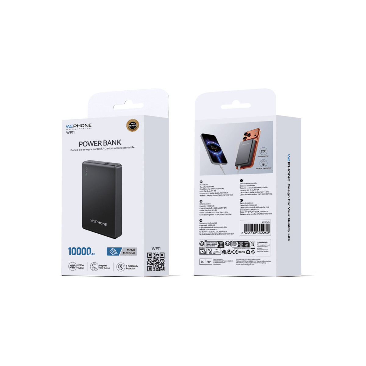 Power Bank Magnético Wephone WF11 10000mAh – Cuerpo de Metal,Carga Inalámbrica 15W y Salida PD 20W - Negro