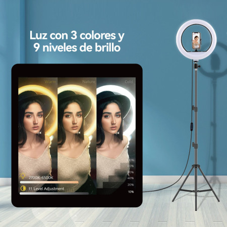 Aro de Luz LED 12” Profesional Wephone WC14 – Trípode 2.1m,3 Tonos de Luz,Control Remoto,Negro