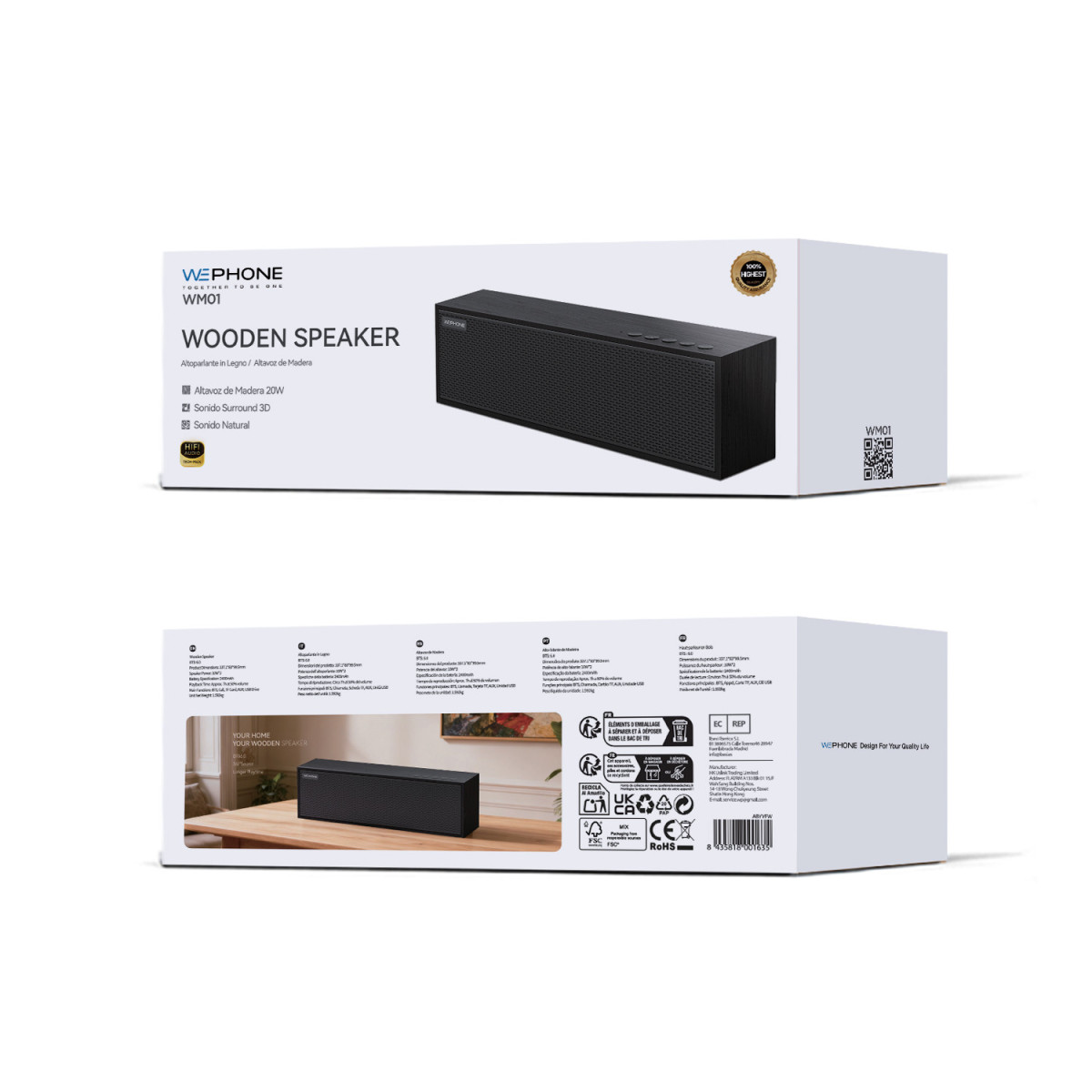 Altavoz de Madera Bluetooth WM01 - Sonido Hi-Fi...