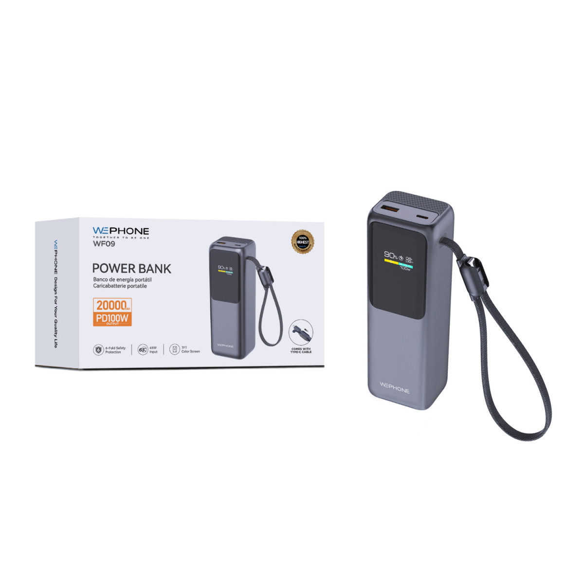 Power Bank Ultra Pro Wephone WF09 20000mAh – Salida PD 100W,Pantalla TFT a Color y Cable Tipo-C Integrado