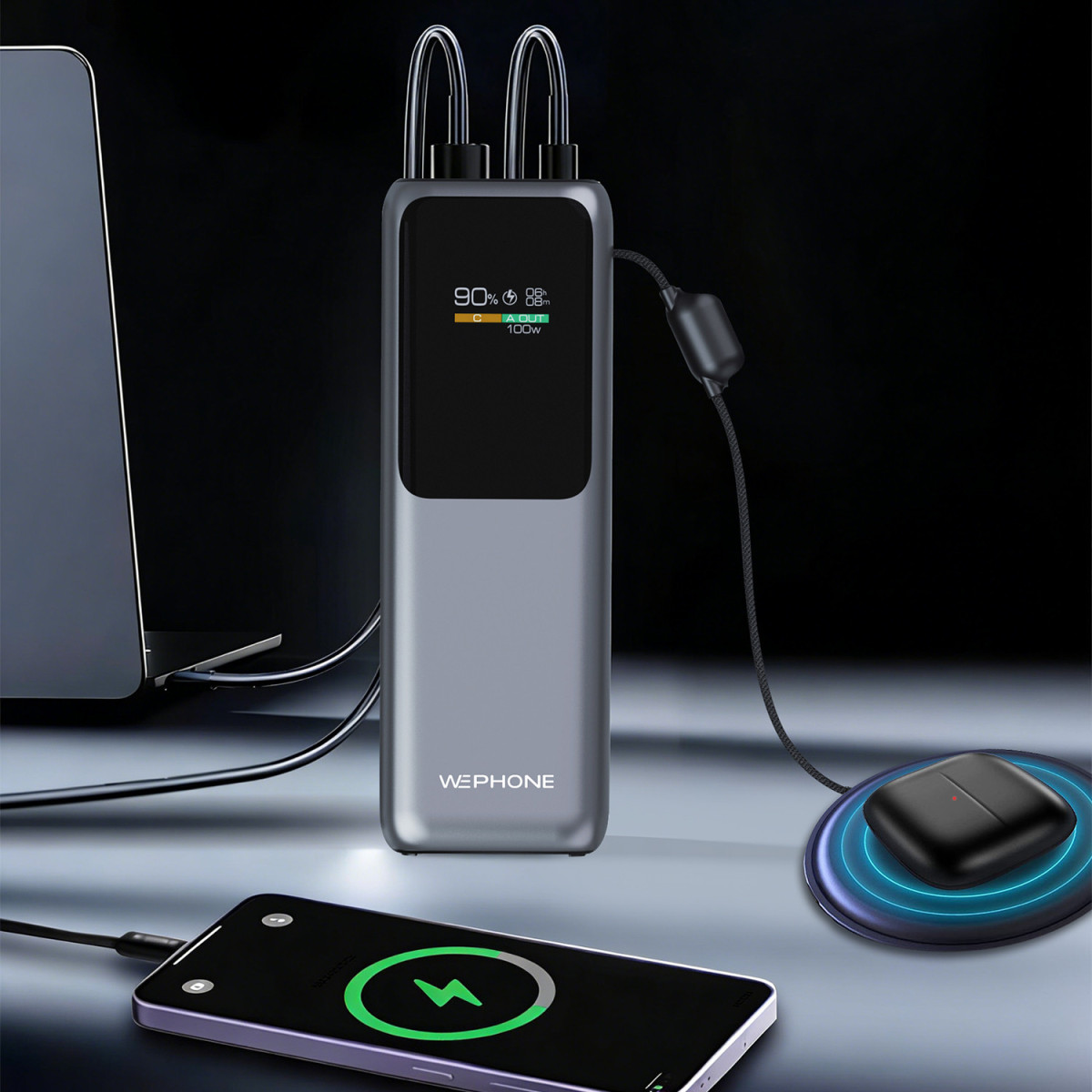 Power Bank Ultra Pro Wephone WF09 20000mAh – Salida PD 100W,Pantalla TFT a Color y Cable Tipo-C Integrado