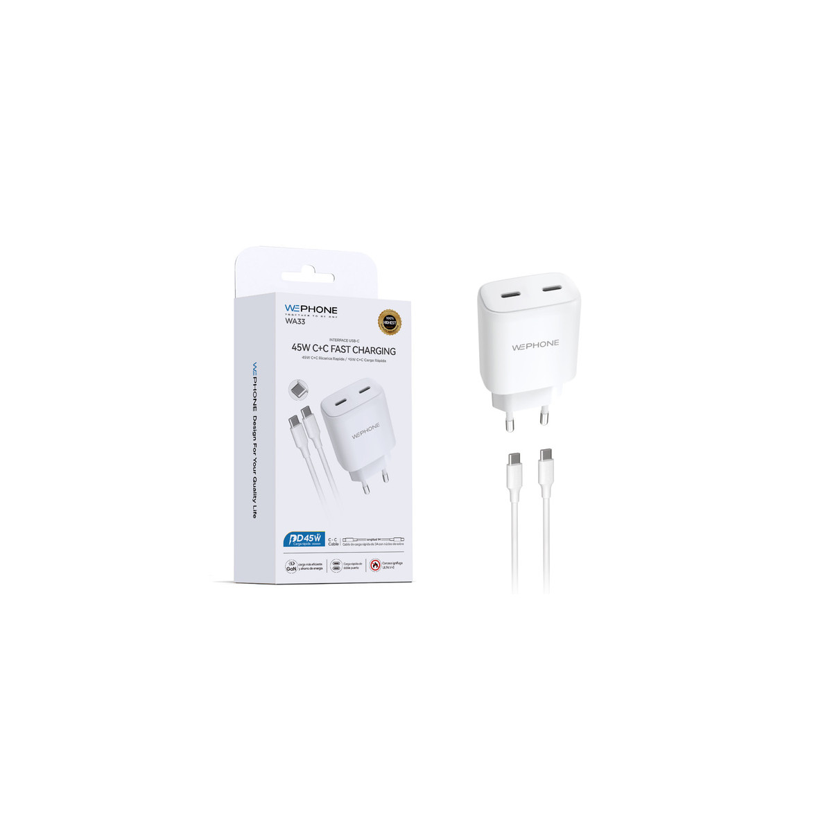 Kit Cargador de Pared Wephone WA33 GaN 45W Doble USB-C + Cable USB-C a USB-C 1m Blanco