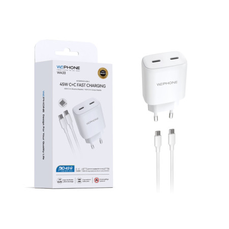 Kit Cargador de Pared Wephone WA33 GaN 45W Doble USB-C + Cable USB-C a USB-C 1m Blanco