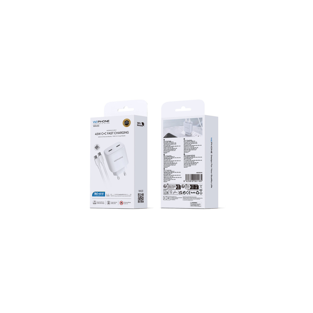 Kit Cargador de Pared Wephone WA33 GaN 45W Doble USB-C + Cable USB-C a USB-C 1m Blanco