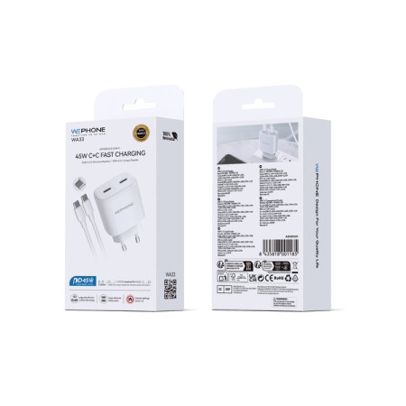 Kit Cargador de Pared Wephone WA33 GaN 45W Doble USB-C + Cable USB-C a USB-C 1m Blanco