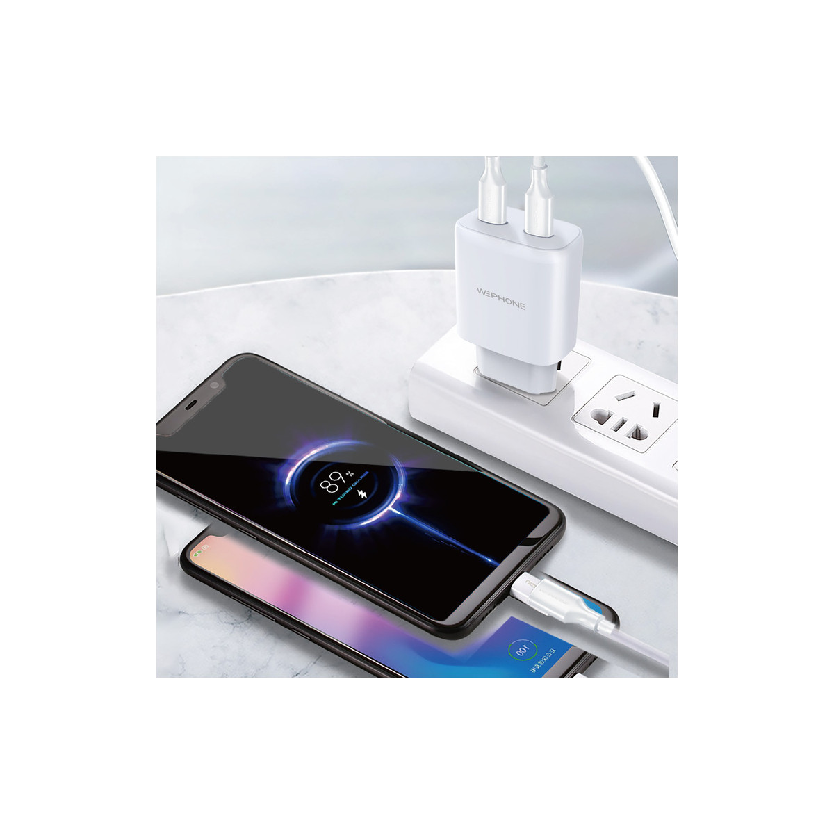 Kit Cargador de Pared Wephone WA33 GaN 45W Doble USB-C + Cable USB-C a USB-C 1m Blanco