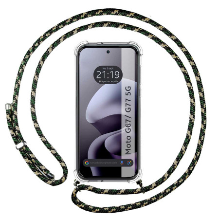 Funda Colgante Transparente para Motorola Moto g67 / g77 5G con Cordon Verde / Dorado