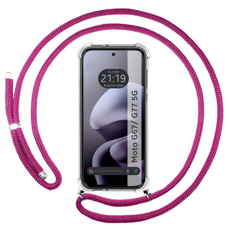 Funda Colgante Transparente para Motorola Moto g67 / g77 5G con Cordon Rosa Fucsia