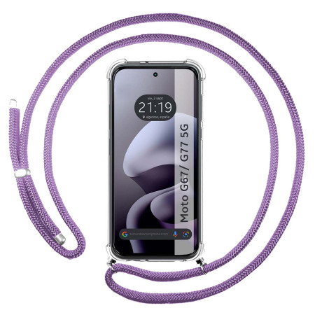 Funda Colgante Transparente para Motorola Moto g67 / g77 5G con Cordon Morado
