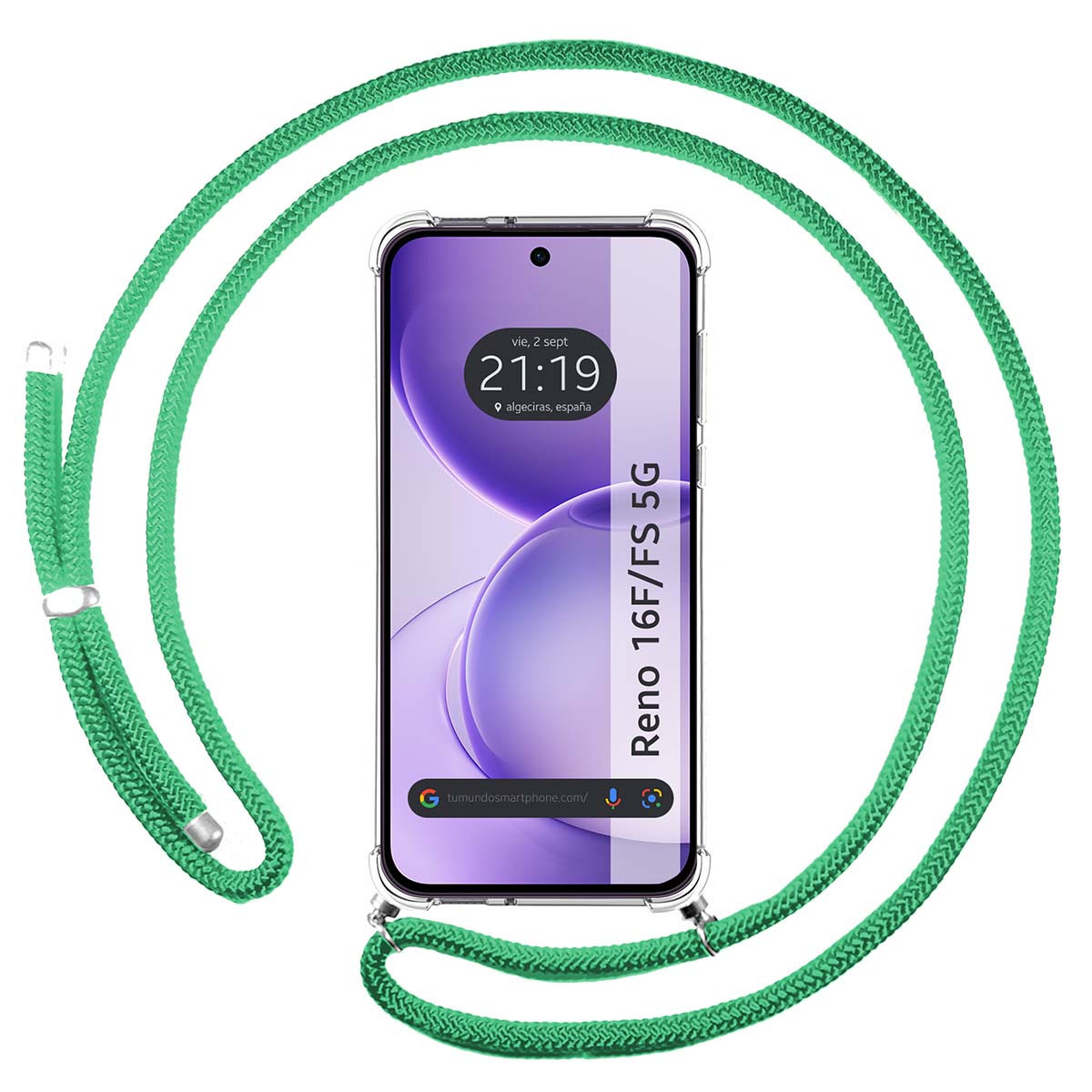 Funda Colgante Transparente para Oppo Reno 16 FS / 16FS 5G con Cordon Verde Agua