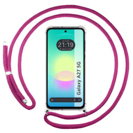 Funda Colgante Transparente para Samsung Galaxy A27 5G con Cordon Rosa Fucsia