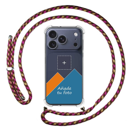 Personaliza tu Funda Colgante Transparente para iPhone 18 Pro (6.3) con Cordon Rosa / Dorado Dibujo Personalizada