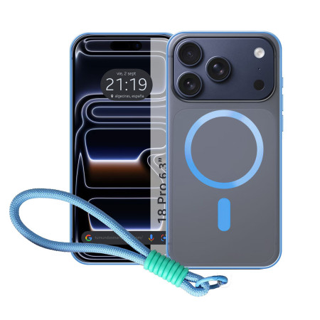 Funda Magnética para iPhone 18 Pro (6.3) Compatible con MagSafe, Bordes Azul y Correa de Seguridad