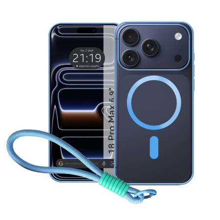 Funda Magnética para iPhone 18 Pro Max (6.9) Compatible con MagSafe, Bordes Azul y Correa de Seguridad