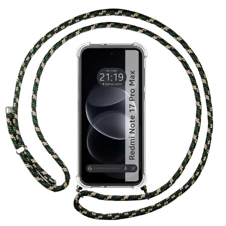 Funda Colgante Transparente para Xiaomi Redmi Note 17 Pro Max 5G con Cordon Verde / Dorado