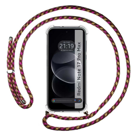 Funda Colgante Transparente para Xiaomi Redmi Note 17 Pro Max 5G con Cordon Rosa / Dorado